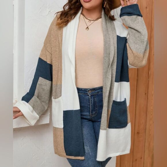 POLAGRAM Color Block Duster Open Front Cardigan Cozy Layering Piece Size M - Picture 1 of 9